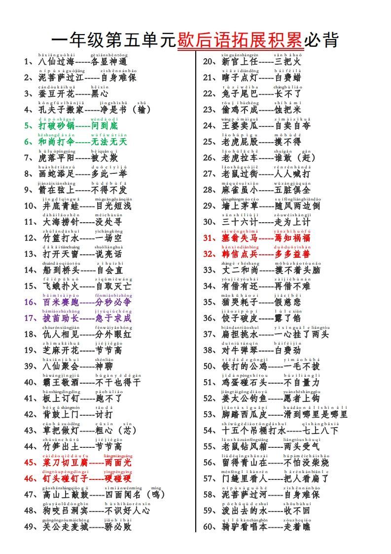 一语文【歇后语拓展积累】第五单元-【免费下载-高清无水印】【语文电子版可打印】