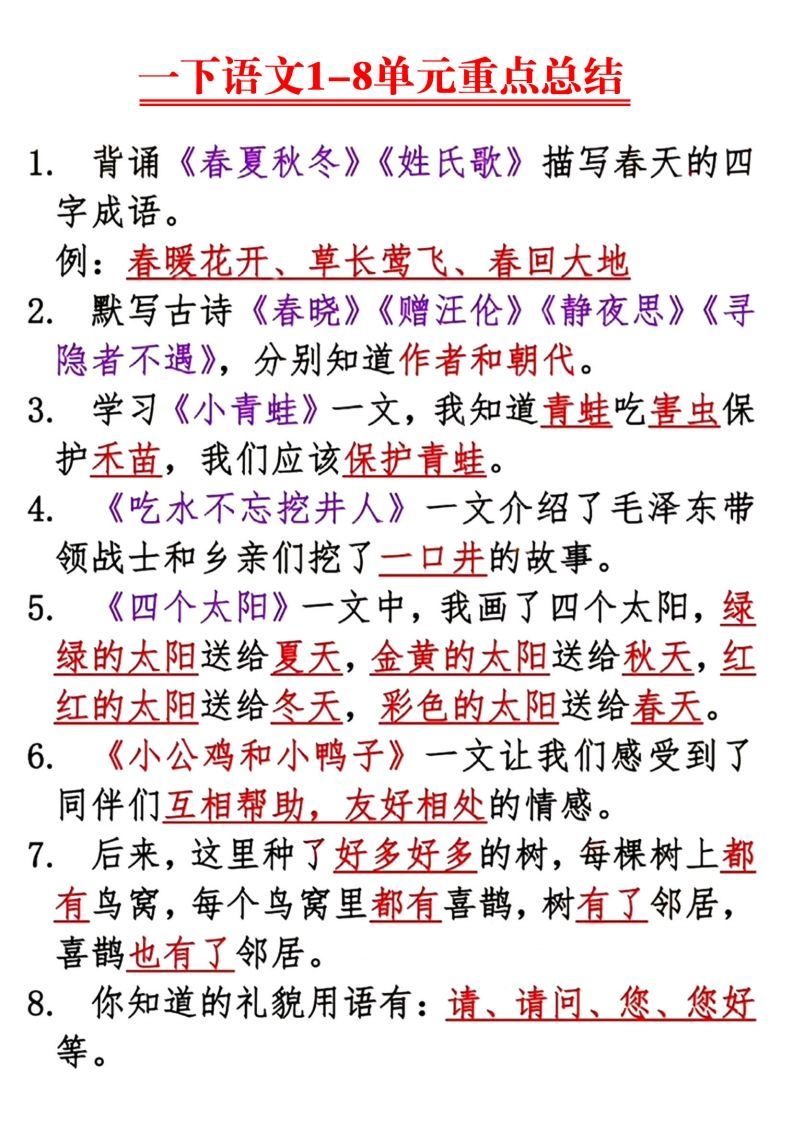 【1-8单元重点总结】一语文-【免费下载-高清无水印】【语文电子版可打印】
