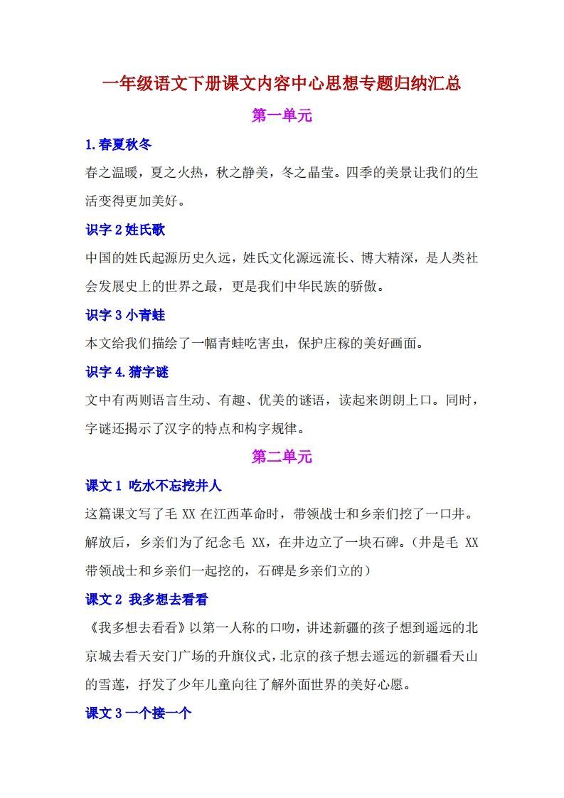 一年级语文册课文内容中心思想专题归纳汇总-【免费下载-高清无水印】【语文电子版可打印】
