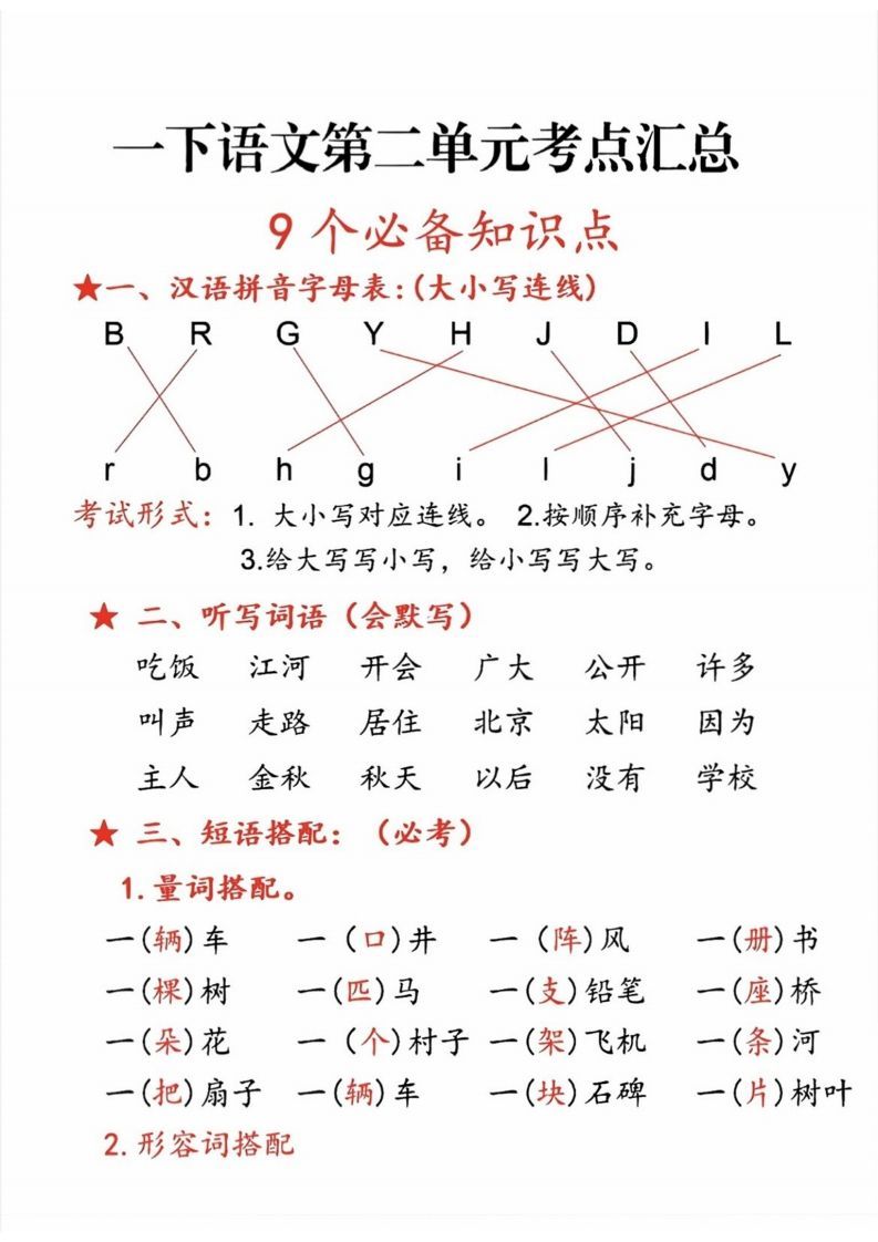 一年级语文册第二单元考点-【免费下载-高清无水印】【语文电子版可打印】