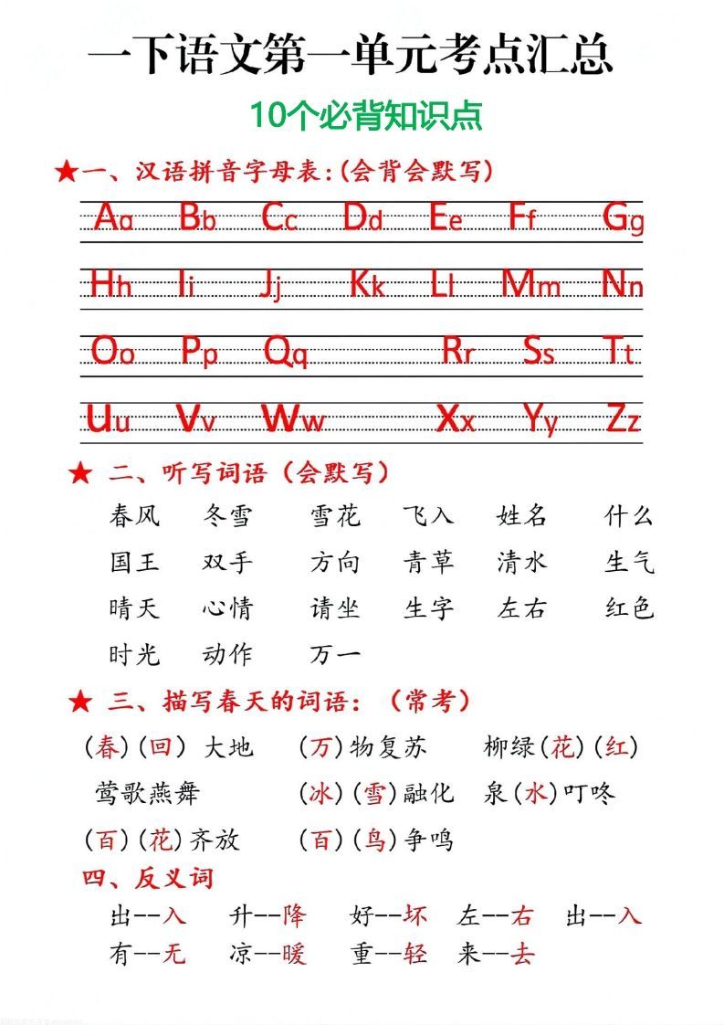一语文第一单元10个必备知识点-【免费下载-高清无水印】【语文电子版可打印】