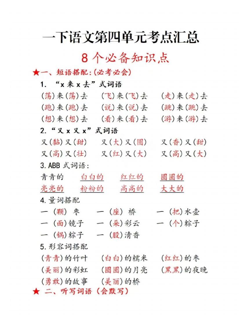 一语文第四单元考点总结-【免费下载-高清无水印】【语文电子版可打印】