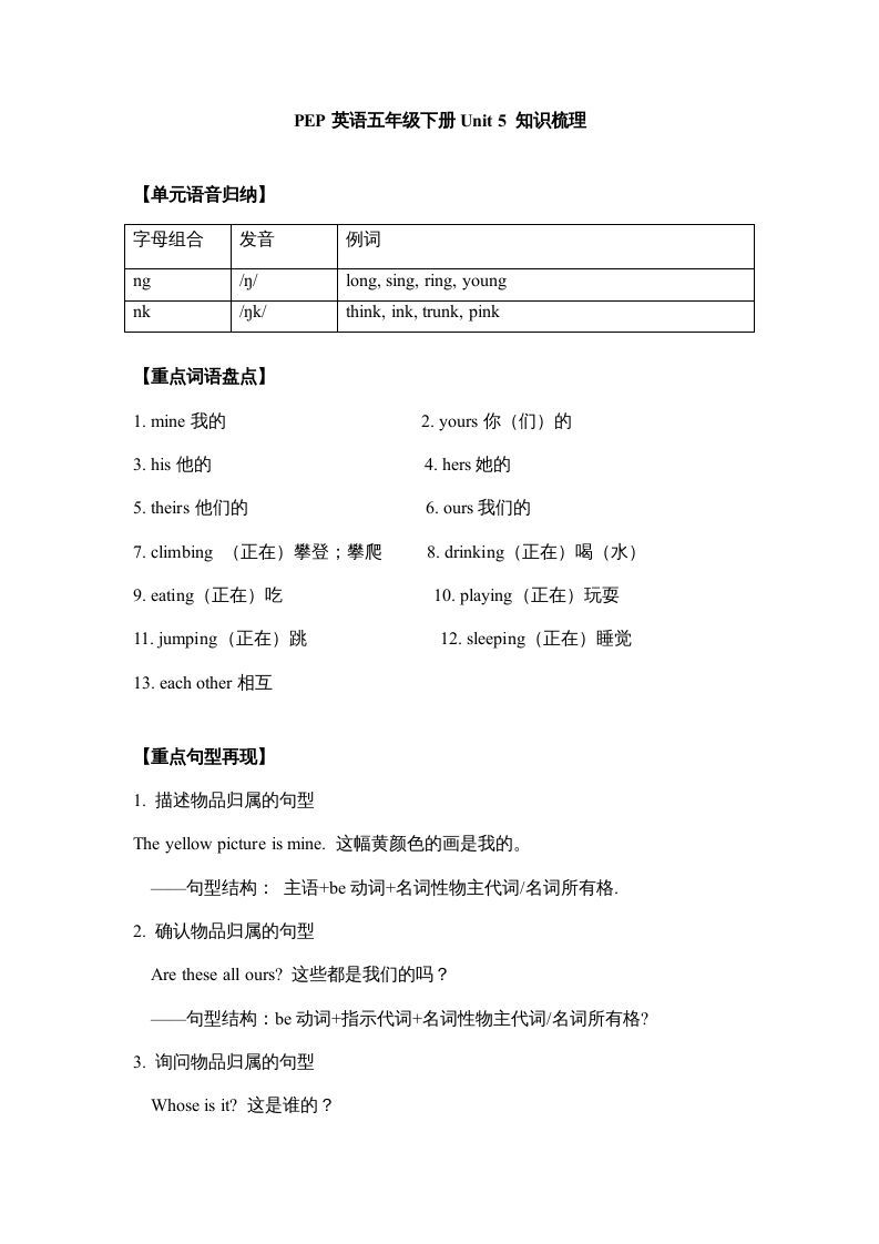 五年级英语册【完美】单元知识梳理-Unit5Whosedogisit-【免费下载-高清无水印】【英语电子版可打印】