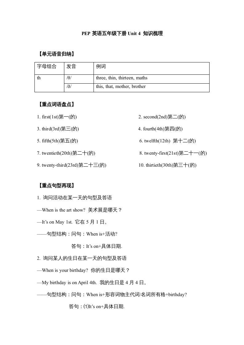 五年级英语册【完美】单元知识梳理-Unit4Whenistheartshow-【免费下载-高清无水印】【英语电子版可打印】
