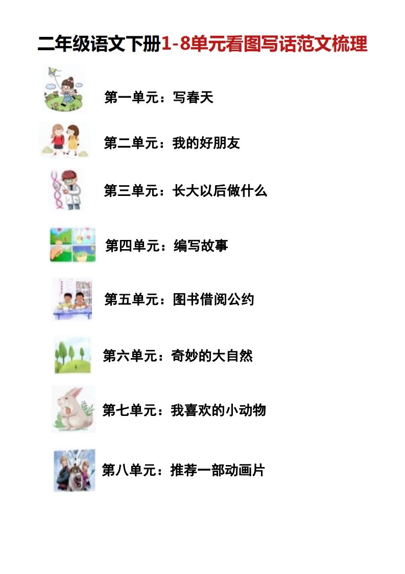二年级语文册1-8单元看图写话范文梳理-【免费下载-高清无水印】【看图写话电子版可打印】