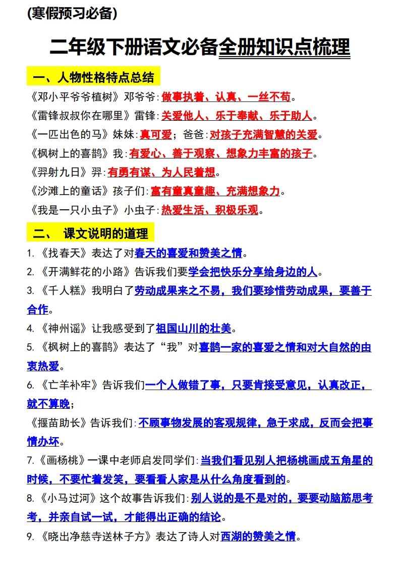 二年级语文册知识点归纳总复习-【免费下载-高清无水印】【语文电子版可打印】