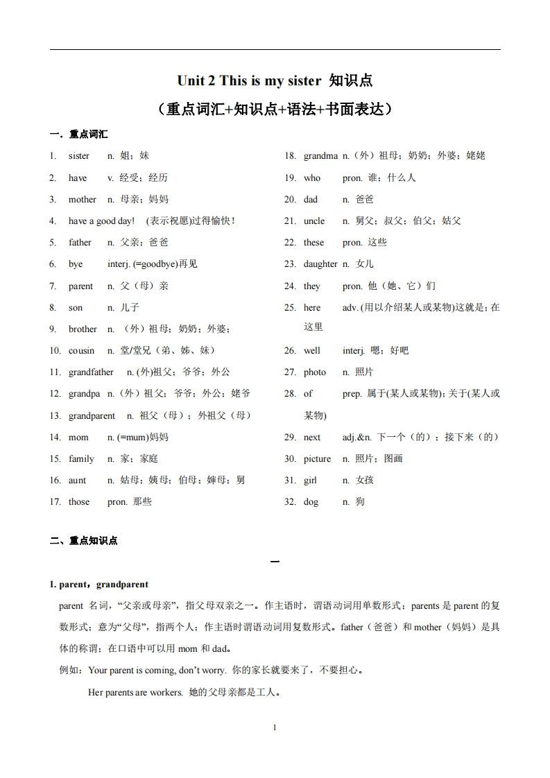 人教版英语七年级Unit2Thisismysister.知识点_-【免费下载-高清无水印】【英语电子版可打印】