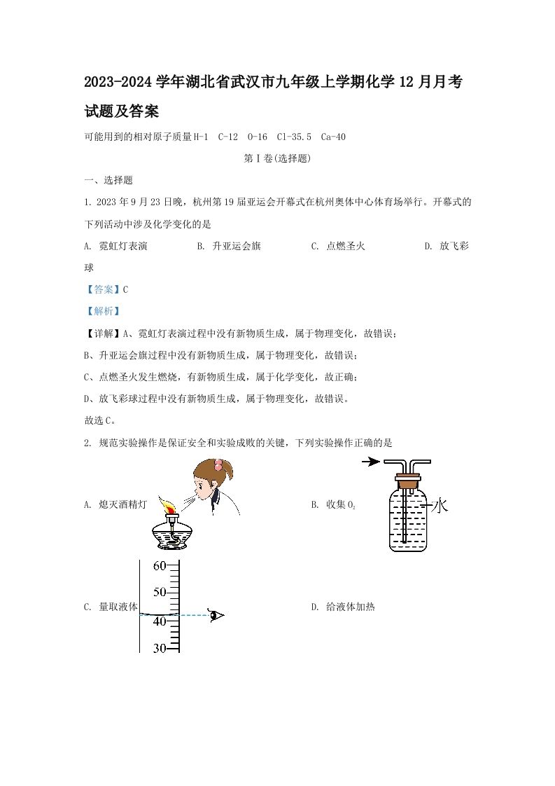 2023-2024学年湖北省武汉市九年级学期化学12月月考试题及答案-【免费下载-高清无水印】【化学电子版可打印】