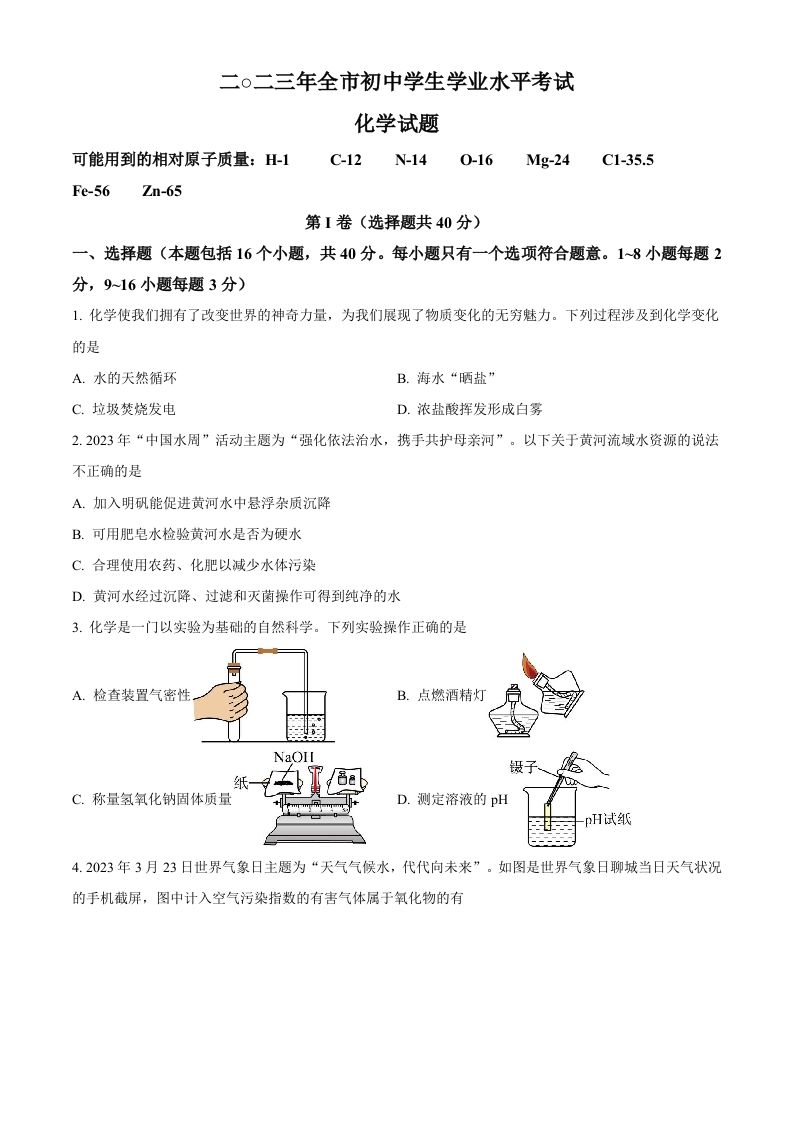 2023年 山东省聊城市中考化学真题-【免费下载】