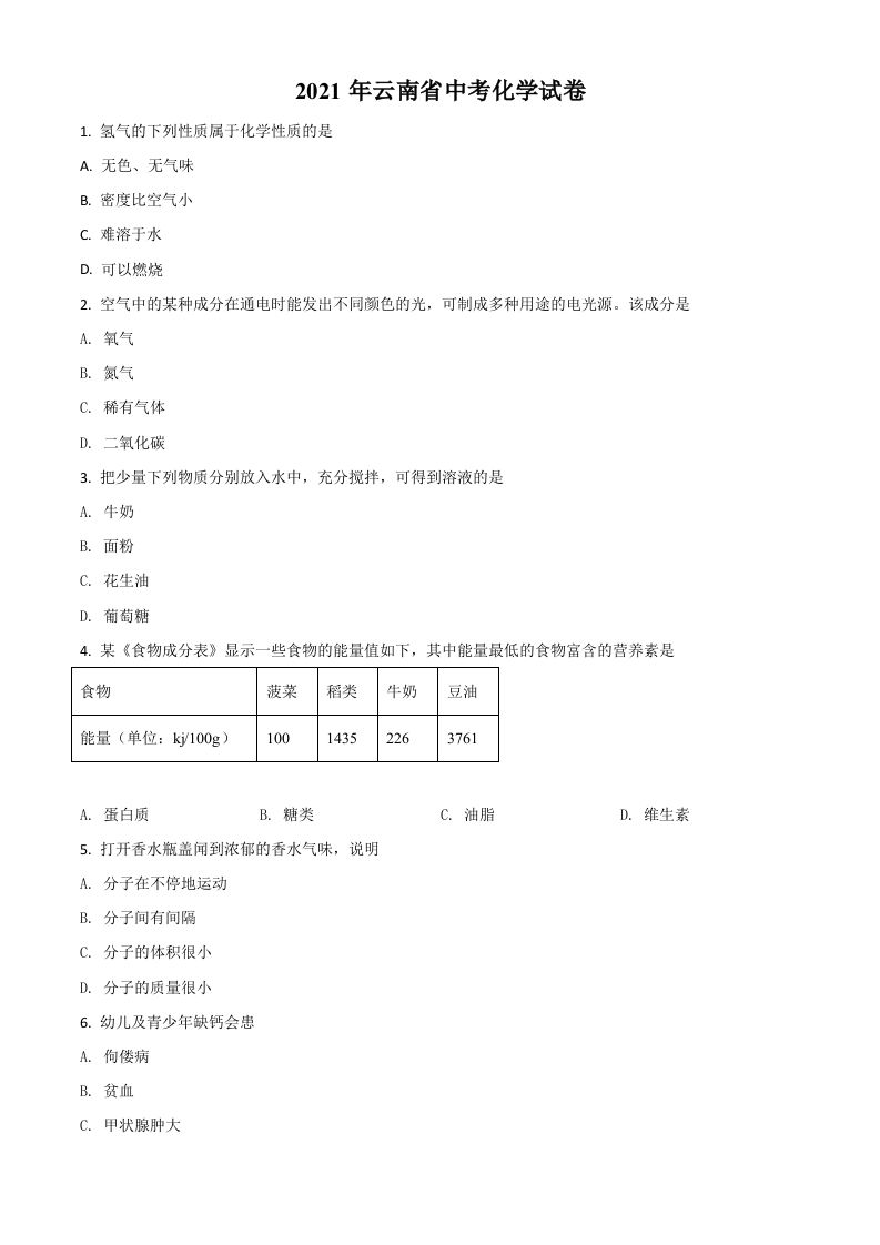 云南省2021年中考化学试题-【免费下载-高清无水印】【中考真题电子版可打印】