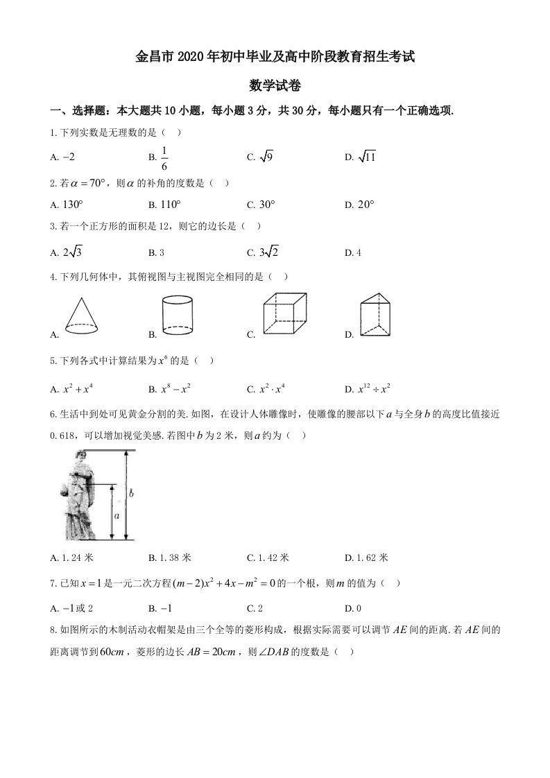 甘肃省 金昌市2020年中考数学试题-【免费下载-高清无水印】【中考真题电子版可打印】
