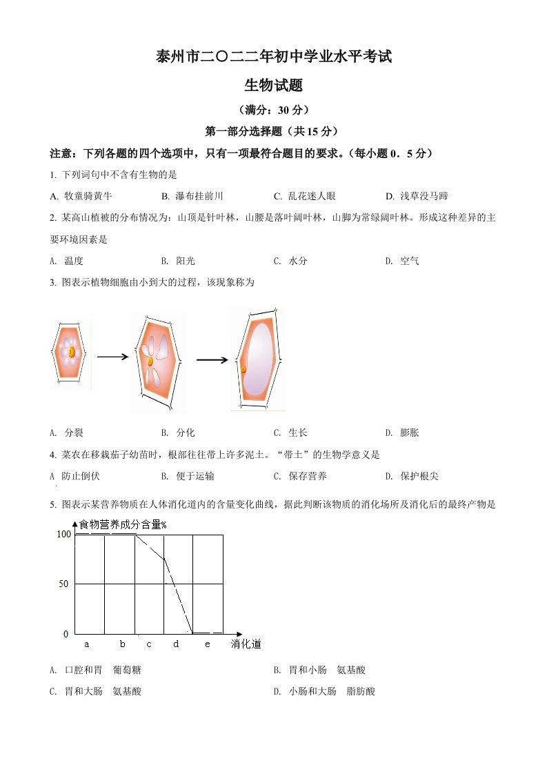 2022年江苏省泰州市中考生物真题-【免费下载-高清无水印】【中考真题电子版可打印】