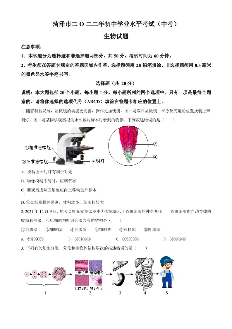 2022年山东省菏泽市中考生物 真题-【免费下载】