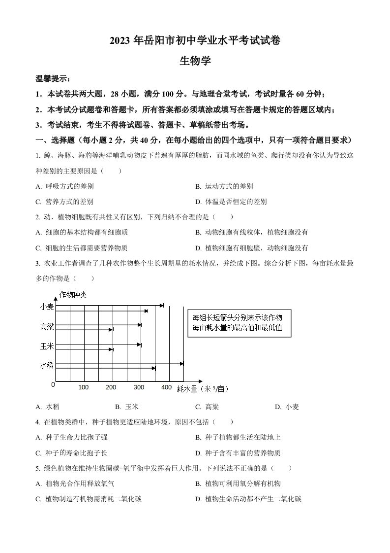 2 023年湖南省岳阳市中考生物真题-【免费下载】