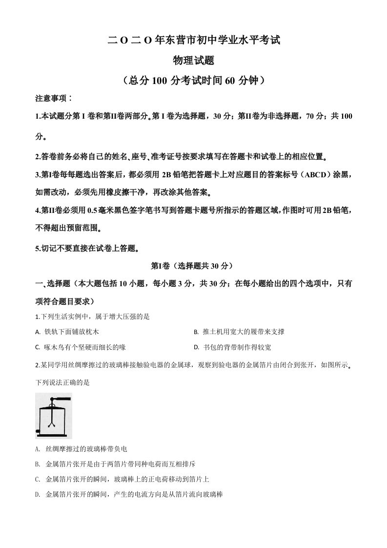 2020年山东省东营市中 考物理试题-【免费下载】