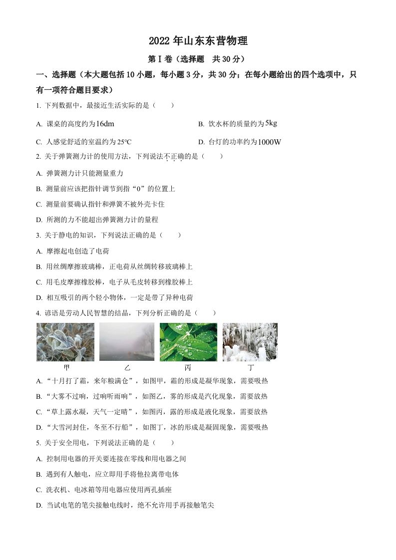 2022年山东省东营市中考物理试题 -【免费下载】