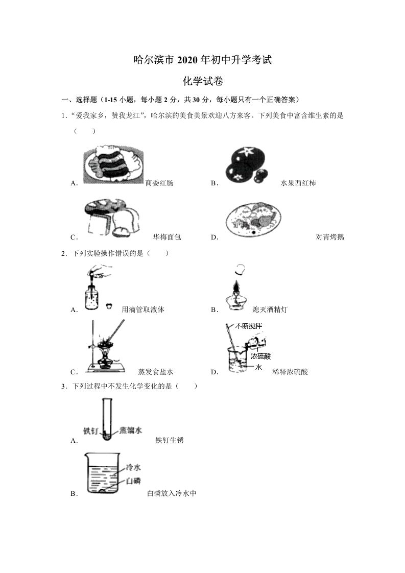 黑龙江 省哈尔滨市2020年中考化学试卷-【免费下载】