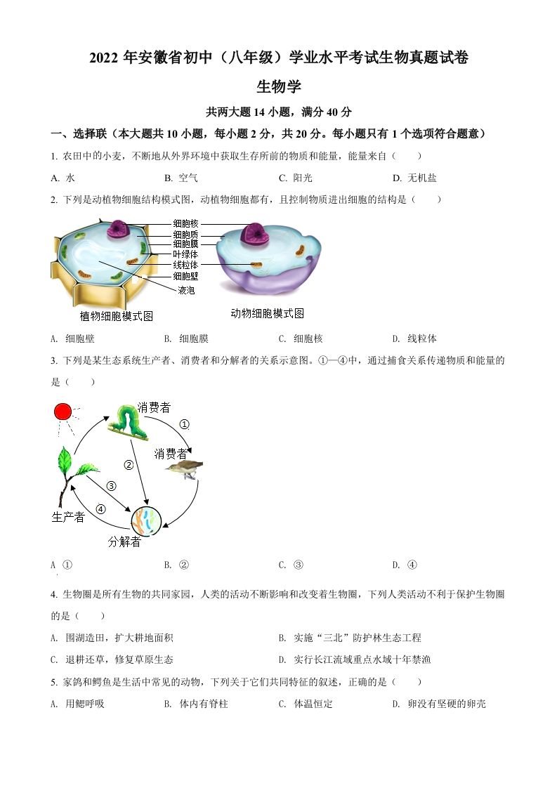 2022年安徽省中考生物真题-【免费下载-高清无水印】【中考真题电子版可打印】