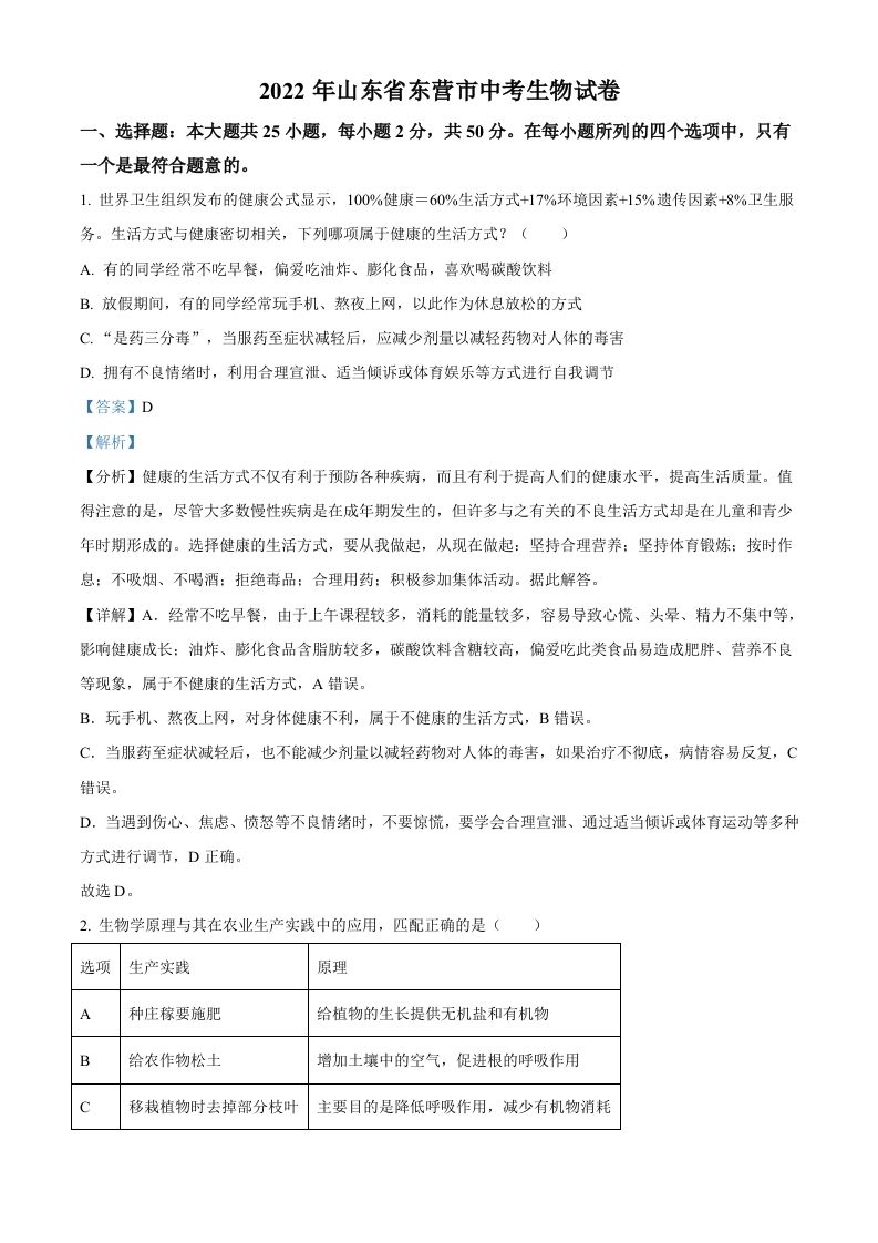 2022年山东省东营市 中考生物真题-【免费下载-高清无水印】【中考真题电子版可打印】