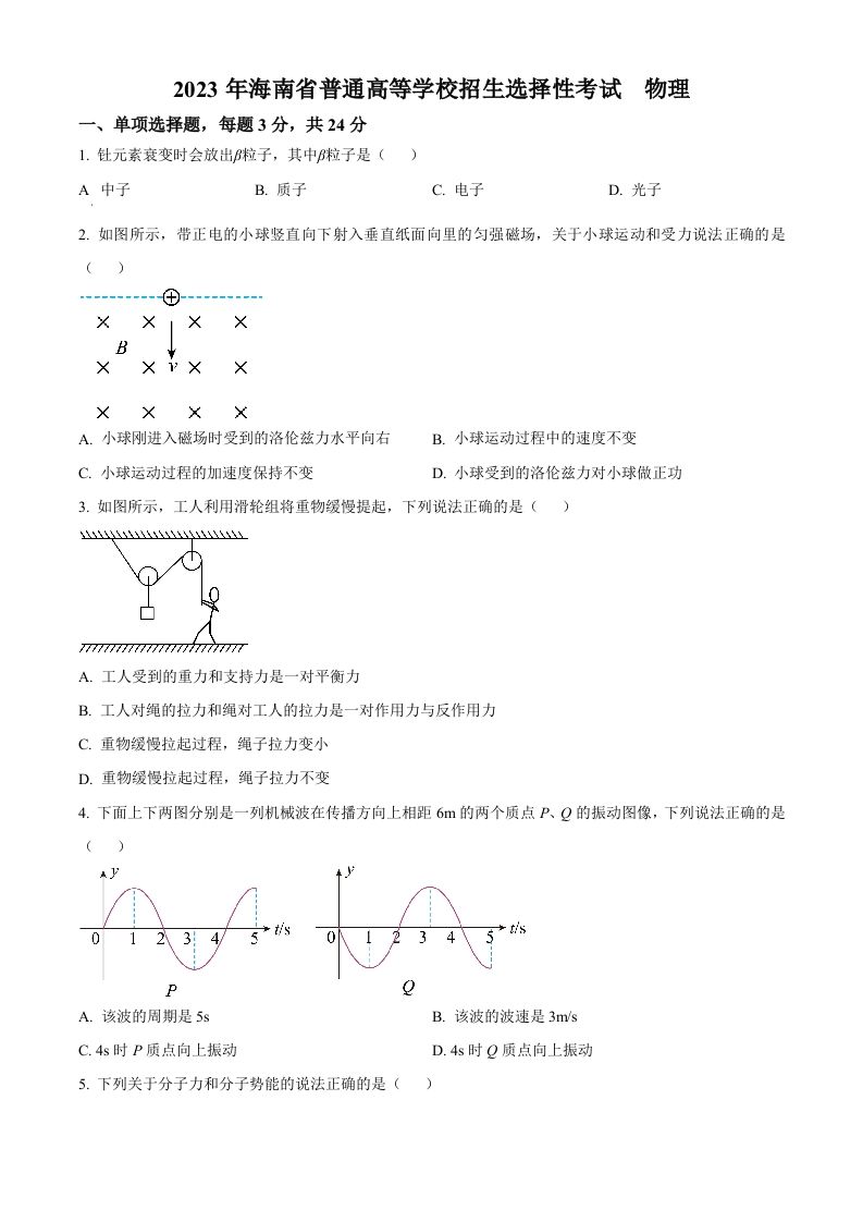 2023年高考物理试卷（海南）（空白卷）