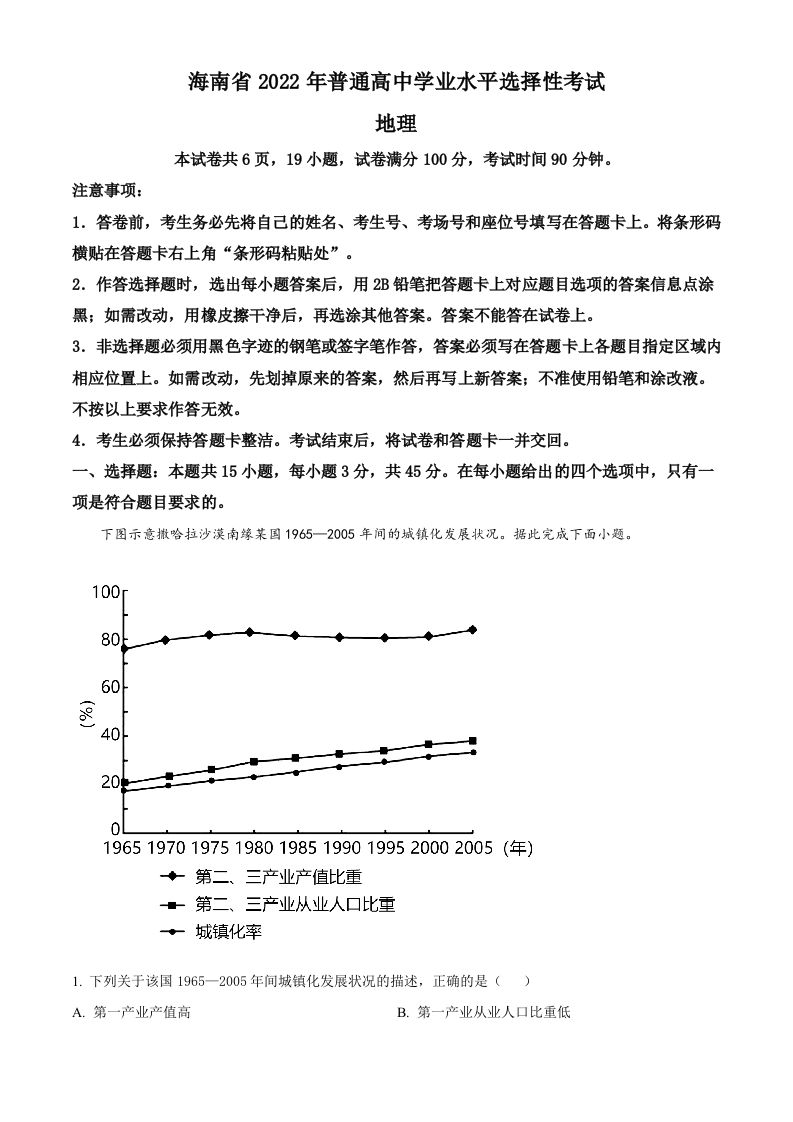 2022年高考地理真题（海南）（含答案）