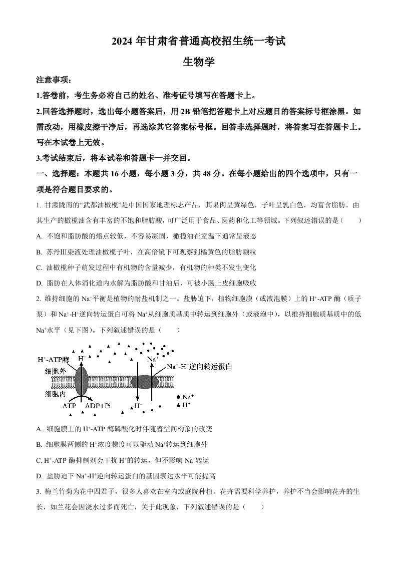 2024年高考生物试卷（甘肃）（空白卷）