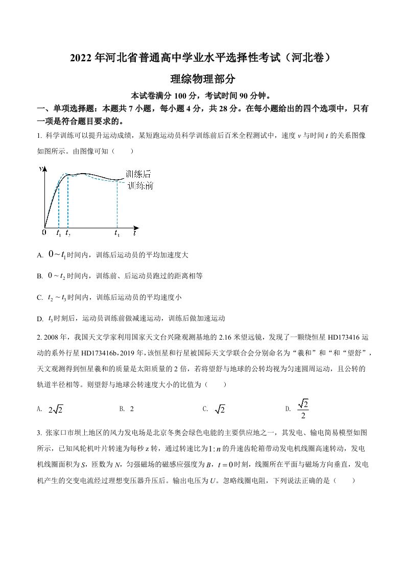 2022年高考物理试卷（河北）（空白卷）