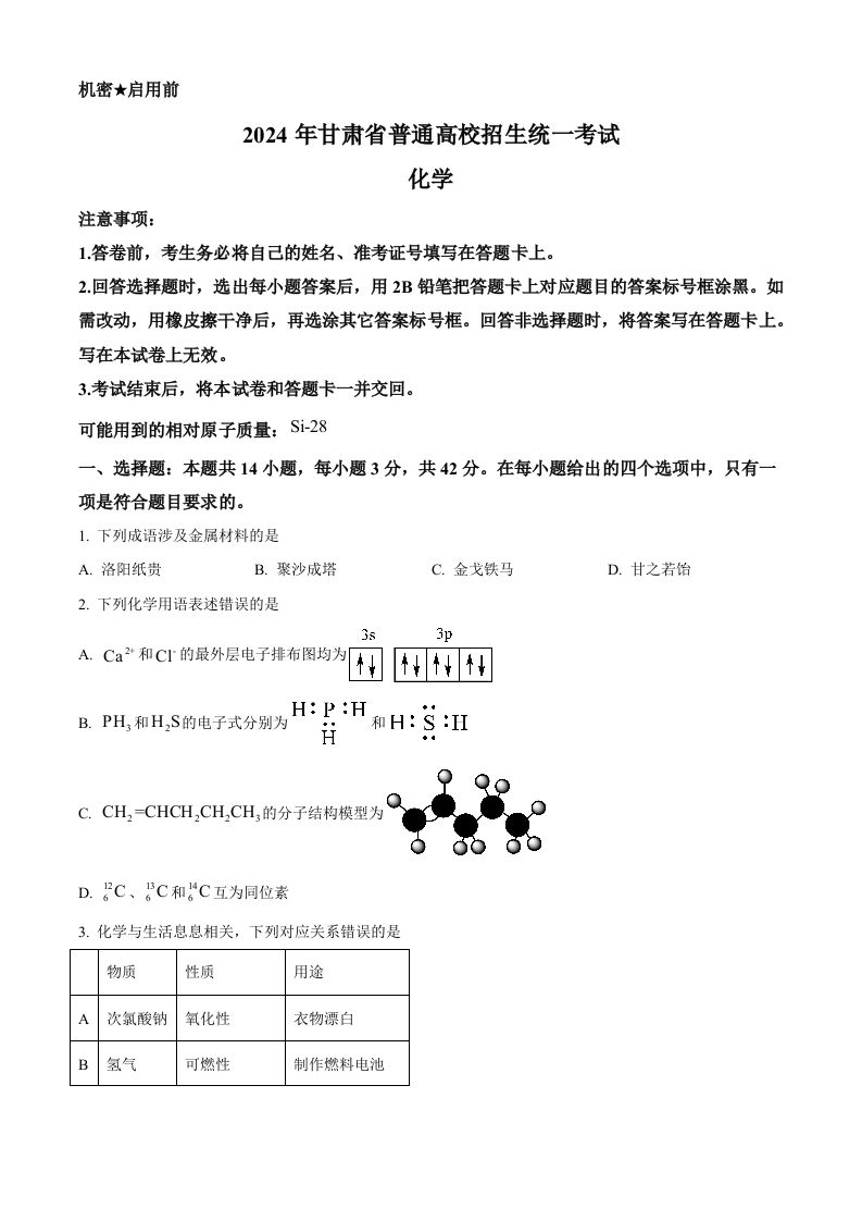 2024年高考化学试卷（甘肃）（空白卷）