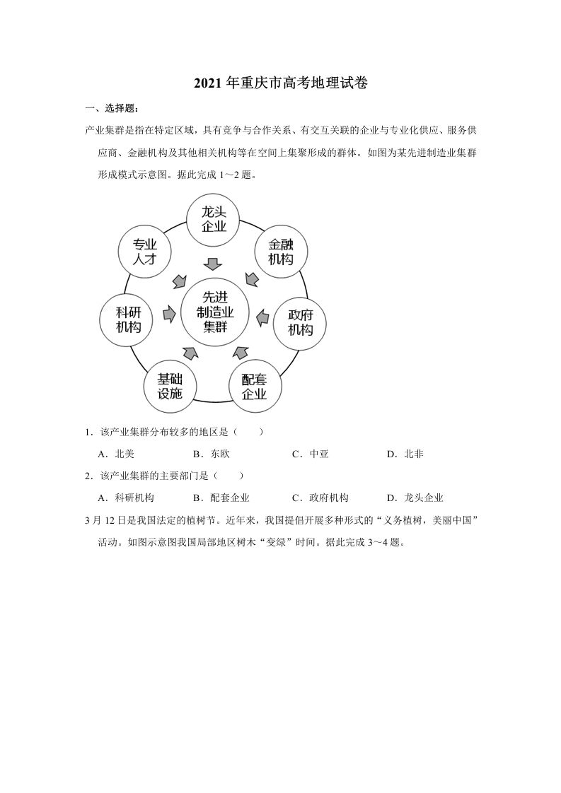 2021年高考地理试卷（重庆）（空白卷）