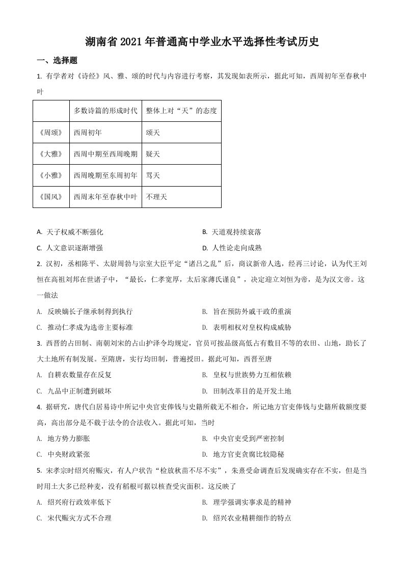 2021年高考历史试卷（湖南）（空白卷）