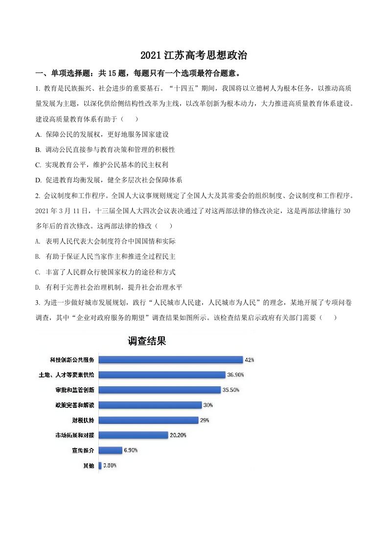 2021年高考政治试卷（江苏）（空白卷）