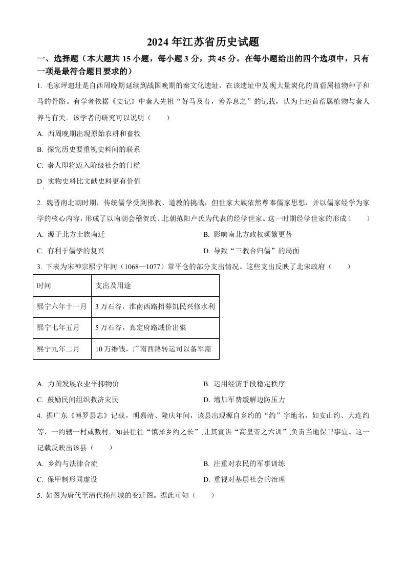 2024年高考历史试卷（江苏）（空白卷）