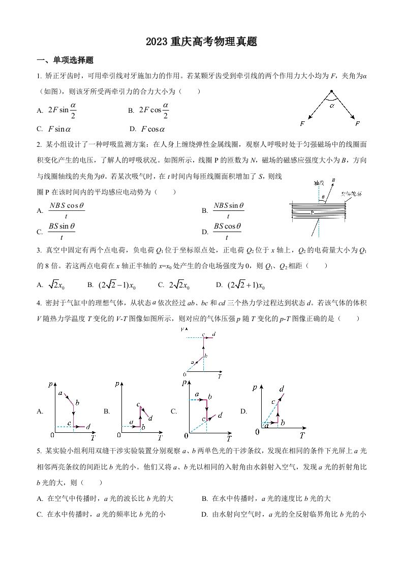 2023年高考物理试卷（重庆）（空白卷）