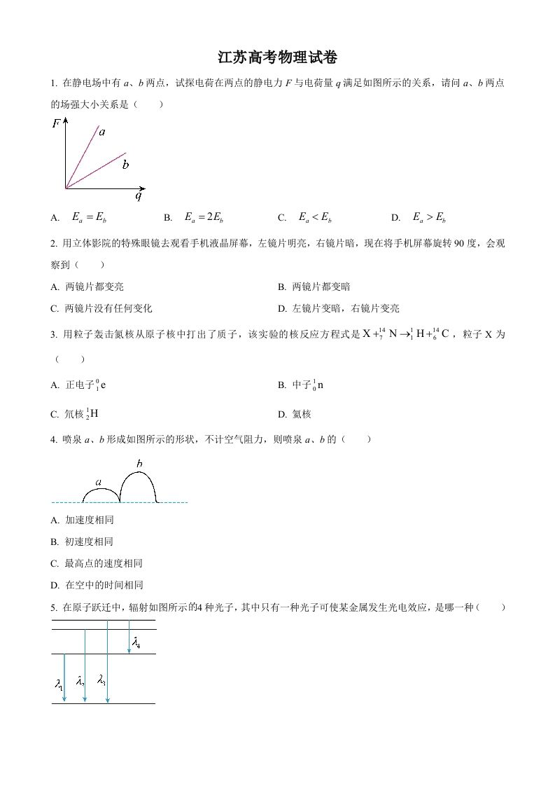 2024年高考物理试卷（江苏）（回忆版）（空白卷）缺第8题、第16题