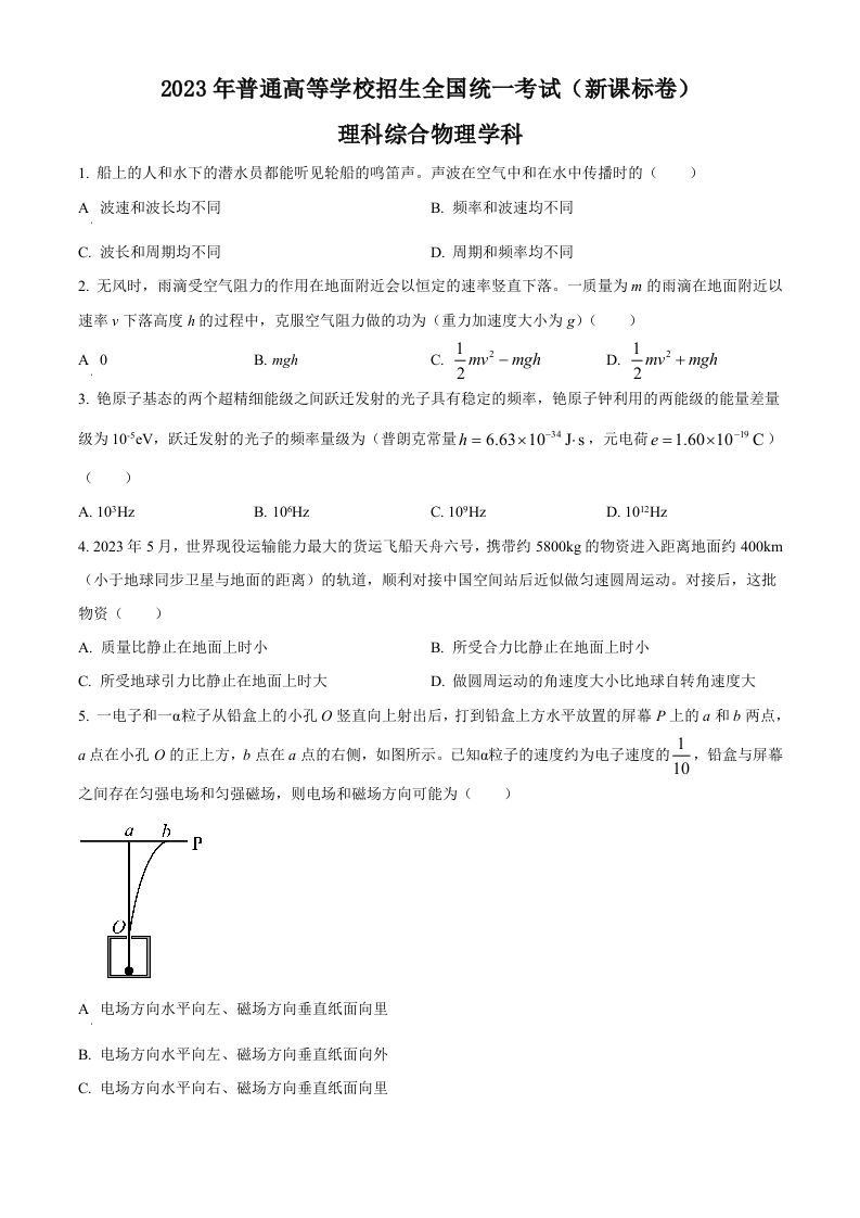 2023年高考物理试卷（新课标）（空白卷）