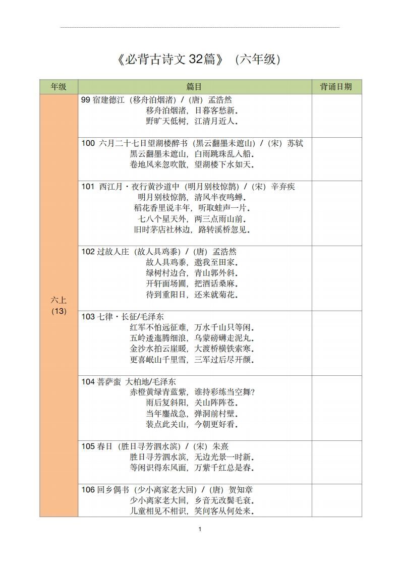 【古诗文背诵记录表】六年级语文