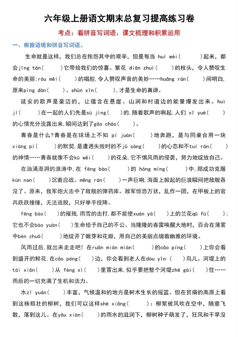 【期末总复习提高卷】六上语文