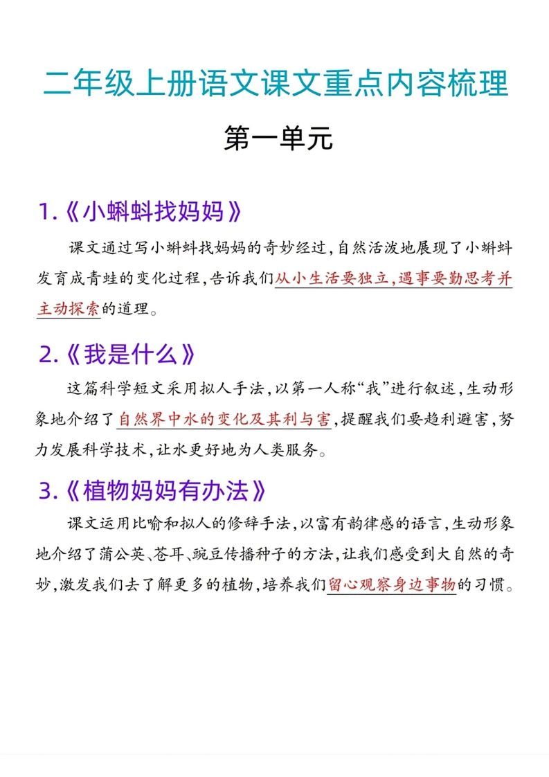 二年级语文上册课文重点内容梳理