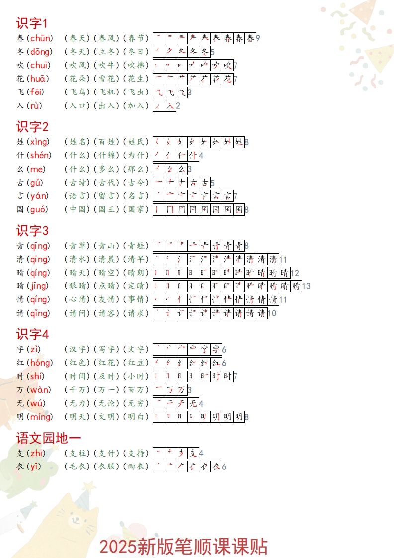 2025春一年级语文新版笔顺课课贴