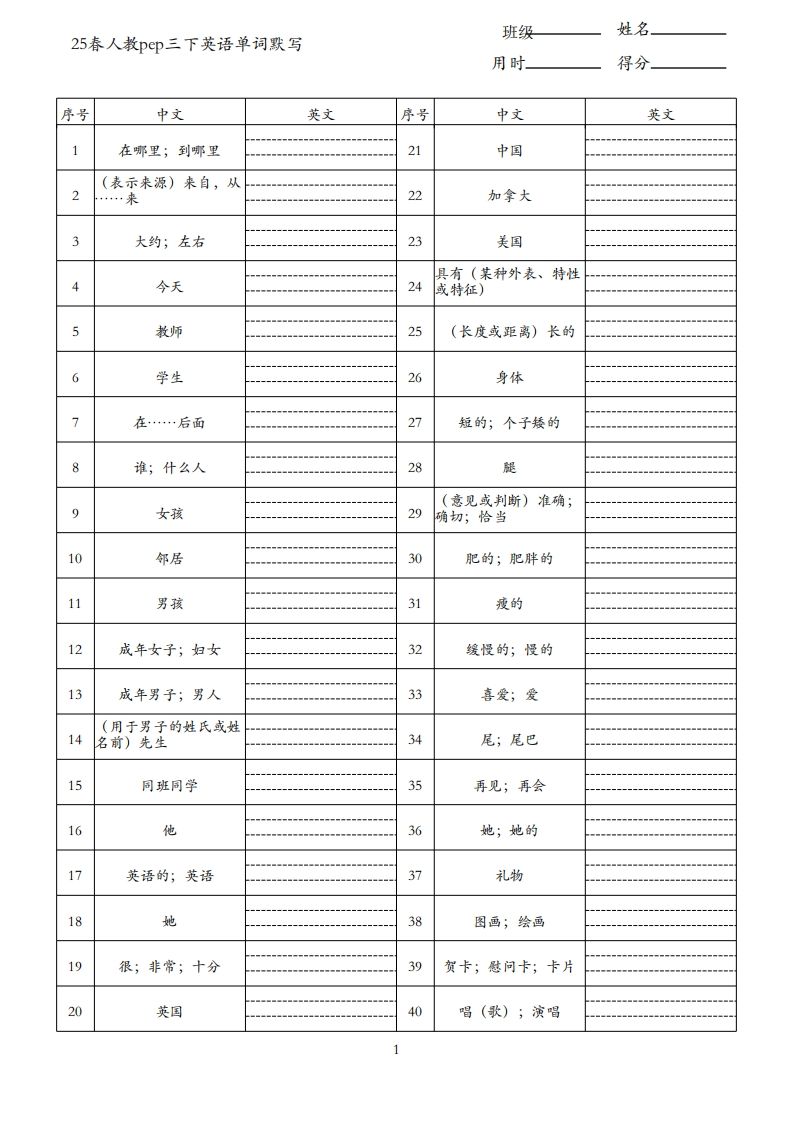 25春人教pep三下英语单词默写表（3页）