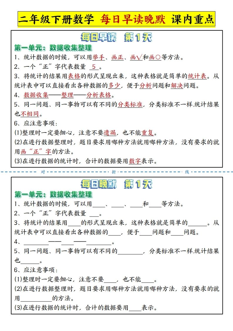 二下数学每日晨读晚默课内重点知识点（人教版）