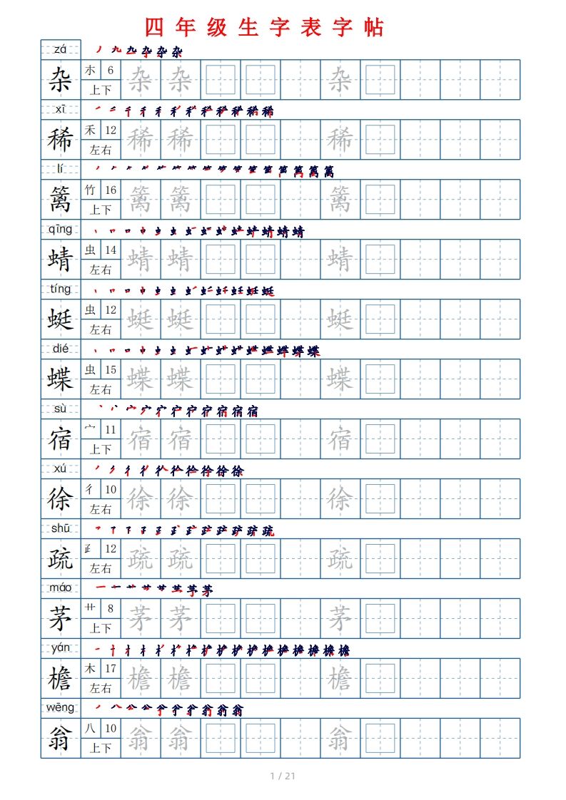 【生字表字帖250个（偏旁部首+笔顺+拼音21页）】四下语文