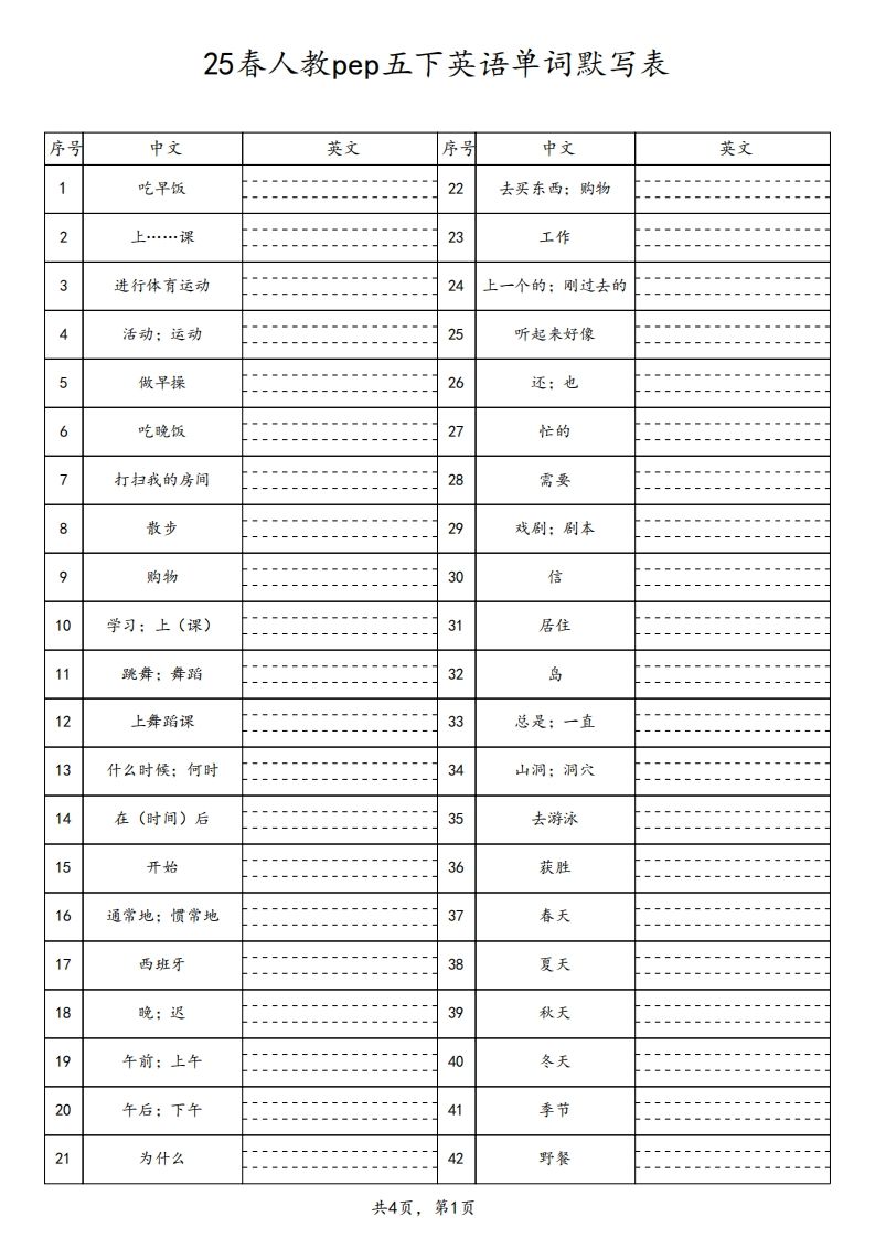 【默写】25春人教pep五下英语单词默写表（4页）