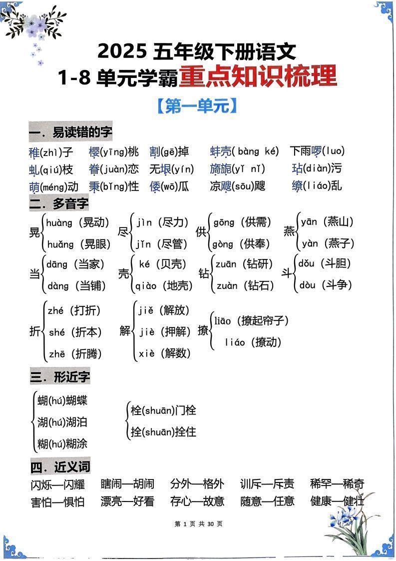 【知识点】五下语文1-8单元学霸重点知识梳理30页