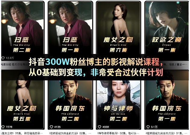 某音300W丝博主的影视解说课程，从0基础到变现，非常适合过伙伴计划