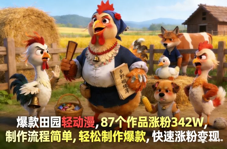 爆款田园轻动漫，87个作品涨342W，制作流程简单，轻松制作爆款，快速涨变现