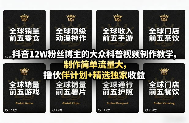 某音12W丝博主的大众科普视频制作教学，制作简单流量大，伙伴计划+精选独家收益