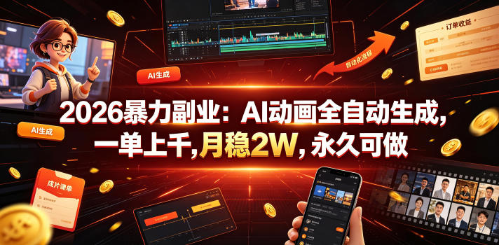 2026副业：AI动画全生成，一单上千，月稳2W，永久可做【揭秘】