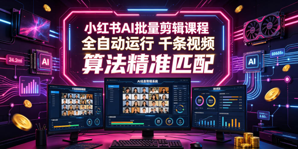 小某书AI批量剪辑课程，24小时全运行，解放双手专注运营，千条视频批量处理，小某书算法精准匹配