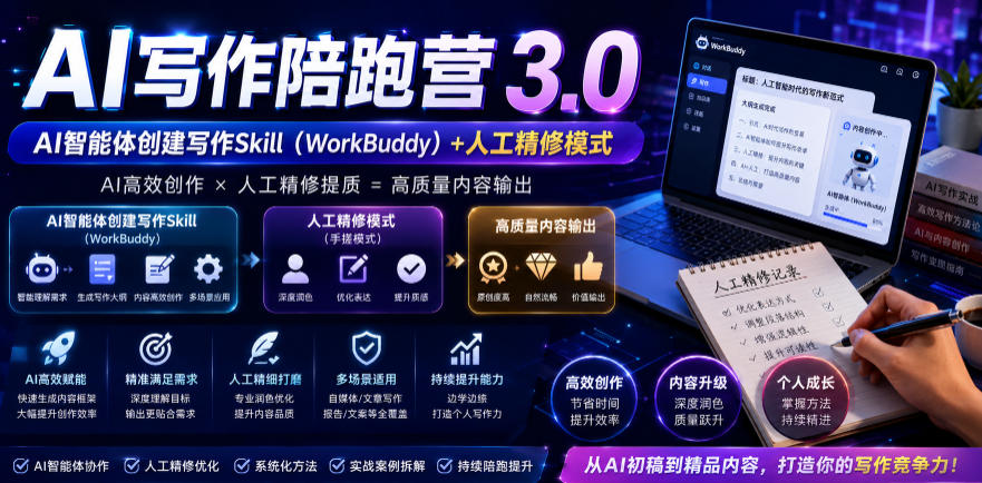 AI写作陪跑营3.0，Ai智能体创建写作skill（workbuddy）+人工手写模式（手搓模式），去除AI痕迹（头条号、公某号、百家号）